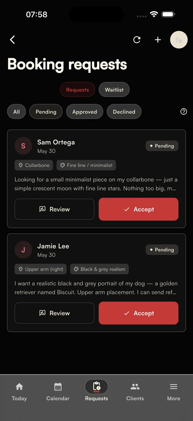 Affichr booking requests view