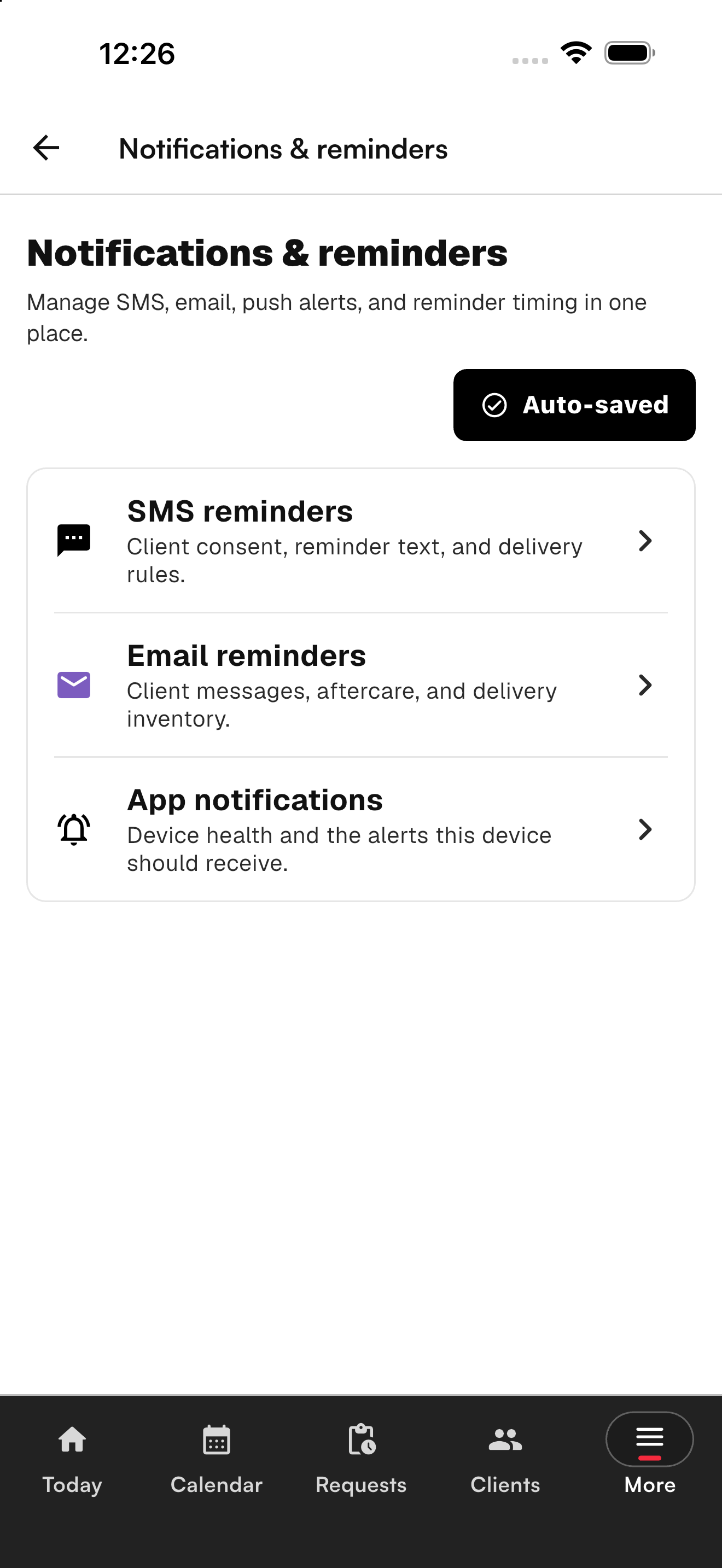 Affichr notifications and reminders screen in the iOS simulator