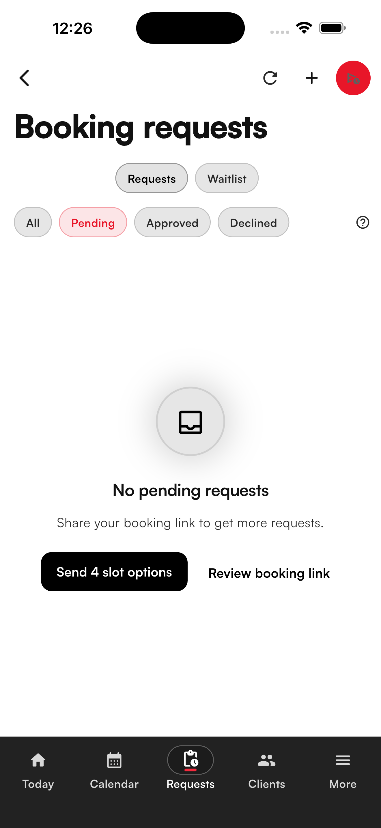 Affichr booking requests screen in the iOS simulator